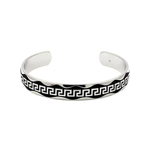 925 Sterling Silver Men's Cuff Bracelet featuring a Wave-form Greek Key (Meander) Pattern on a Deep Oxidized Black Background