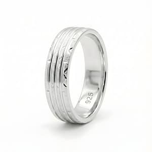 925 Sterling Silver Men's Band Ring featuring a Unique Hammered or Distressed Texture with Three Parallel Polished Grooves and a Smooth Interior