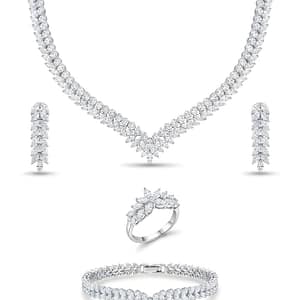 A Sophisticated 925 Sterling Silver Jewelry Set for Women featuring a V-shaped Necklace with Marquis-cut Halo Segments, a Matching Wave Bracelet, Marquis Halo Ring, and Long Dangle Earrings encrusted with Brilliant White Zirconia