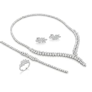 A Luxurious 925 Sterling Silver Jewelry Set for Women featuring a Statement Necklace, Bracelet, Ring, and Dangle Earrings set with Round-cut and Pear-cut Zirconia in a Halo Design
