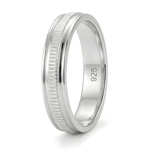 925 Sterling Silver Men's Band Ring featuring a Distinct Reeded (Coin Edge) Texture with Polished Raised Borders and an Inner Hallmark Stamp