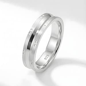 925 Sterling Silver Men's Band Ring featuring a Dual Design with a Brushed Matte Surface Accented by Small Circular Indentations and a Polished Silver Groove