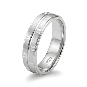 925 Sterling Silver Men's Band Ring featuring a Modern Brushed Finish with Geometric Machine-Cut Rectangular Grooves and a Polished Interior