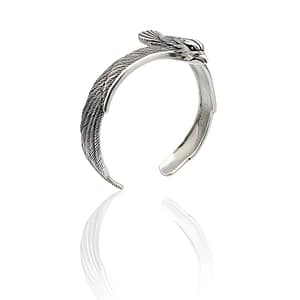 925 Sterling Silver Men's Cuff Bracelet featuring a Detailed Eagle Head Terminus and Feathered Pattern with an Oxidized Finish