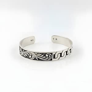 925 Sterling Silver Men's Cuff Bracelet featuring a Split Design with Oxidized Floral Filigree and High-Polish Interlocking Chain Link Patterns