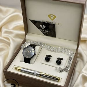 A premium men's gift set featuring a rose gold chronograph watch with a black leather strap, matching cufflinks, a sleek black and rose gold executive pen, and a black beaded prayer rosary (Misbaha), all presented in a luxury wooden box