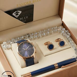 A premium men's gift set featuring a rose gold chronograph watch with a black leather strap, matching cufflinks, a sleek black and rose gold executive pen, and a black beaded prayer rosary (Misbaha), all presented in a luxury wooden box
