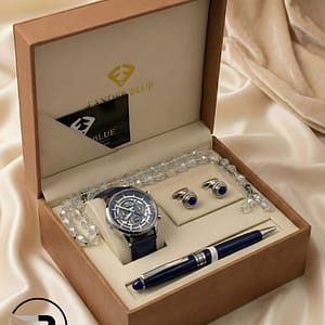 A premium men's gift set featuring a rose gold chronograph watch with a black leather strap, matching cufflinks, a sleek black and rose gold executive pen, and a black beaded prayer rosary (Misbaha), all presented in a luxury wooden box