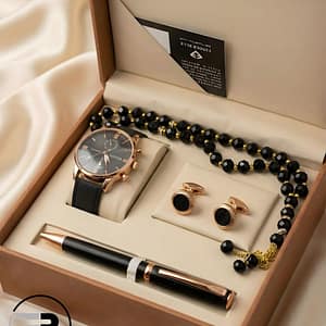 A premium men's gift set featuring a rose gold chronograph watch with a black leather strap, matching cufflinks, a sleek black and rose gold executive pen, and a black beaded prayer rosary (Misbaha), all presented in a luxury wooden box