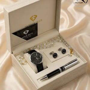 A premium men's gift set featuring a rose gold chronograph watch with a black leather strap, matching cufflinks, a sleek black and rose gold executive pen, and a black beaded prayer rosary (Misbaha), all presented in a luxury wooden box