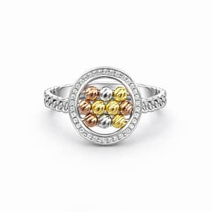 925 Sterling Silver Women's Ring featuring Tri-color Diamond-cut Beads in a Zircon Studded Halo and Braided Band Design