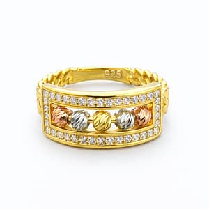18K Gold Plated 925 Sterling Silver Women's Ring with Movable Tri-color Diamond-cut Beads and Zircon Border