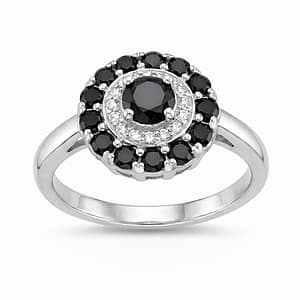 25 Sterling Silver Women's Engagement Ring with a Blackened Blue Sapphire Centerstone, a Double Halo of Small Zircons and Larger Black Sapphires