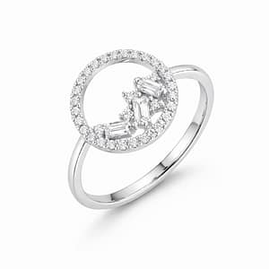 925 Sterling Silver Women's Minimalist Open Circle Ring featuring Baguette and Round Cut Zircons