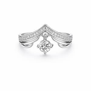 925 Sterling Silver Women's V-Shape Wishbone Ring with Pave Zircons and a Dangle Solitaire Zircon Drop