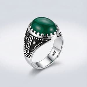 925 Italian Silver Men's Ring with Oval Green Agate Stone and Greek Key with Stars Side Design