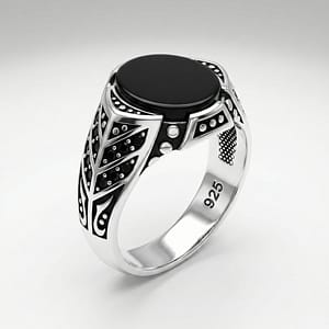 925 Italian Silver Men's Ring with Round Black Onyx Stone