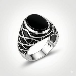 925 italian silver men's ring with black onyx & intricate pave wave design