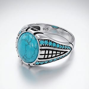 925 italian silver men's ring with oval turquoise (firoza) & detailed side accents