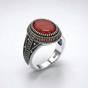 925 italian silver men's ring with red agate (aqeeq) & intricate dotted detail
