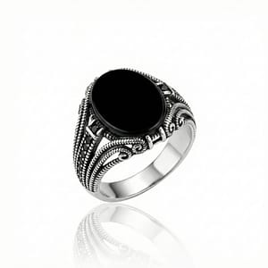 925 Italian Silver Men's Ring with Oval Black Onyx and Unique Cup-shaped Side Setting