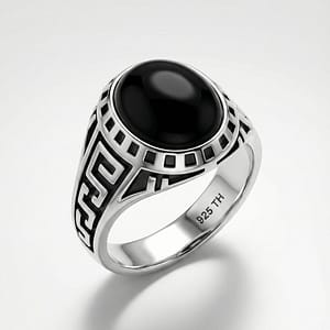 925 Italian Silver Men's Ring with Round Black Onyx and Greek Key Band Pattern