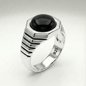 925 Italian Silver Men's Hexagonal Ring with Round Black Onyx Stone