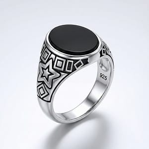 925 Italian Silver Men's Ring with Oval Black Onyx and Geometric Star Motif Design