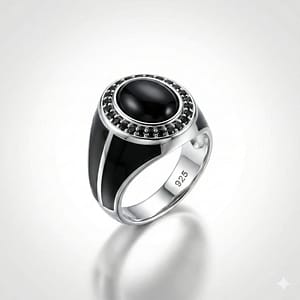 925 Italian Silver Men's Ring with Oval Black Onyx Stone and Zircon Halo Accents