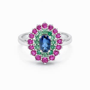 925 Sterling Silver Women's Ring with Oval Blue Sapphire Centerpiece and Double Halo of Green Emerald and Pink Zircon Stones