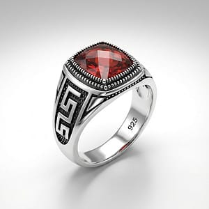 925 Italian Silver Men's Ring with Faceted Square Red Stone and Greek Key Design