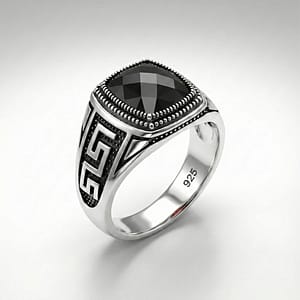 925 Italian Silver Men's Ring with Faceted Square Black Stone and Greek Key Design
