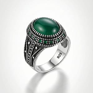 925 Italian Silver Men's Ring with Round Green Agate Stone in Hexagonal Setting with Grooved Band