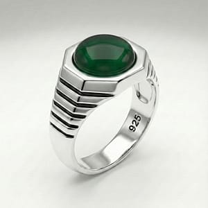 925 Italian Silver Men's Ring with Round Green Agate Stone in Hexagonal Setting