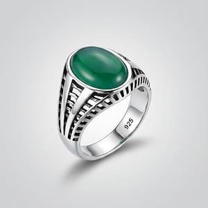 925 Italian Silver Men's Ring with Oval Green Agate Stone and Ladder Cutout Design