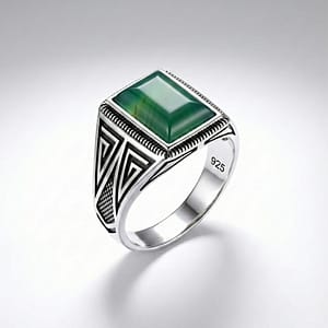 925 Italian Silver Men's Ring with Rectangular Green Agate Stone and Geometric Engravings