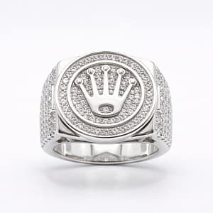 925 Sterling Silver Men's Signet Ring with Crown Logo Centerpiece and Full Pave Zircon Setting