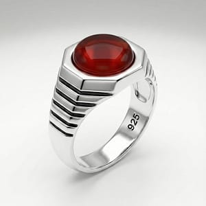 925 silver men's ring with red agate in hexagonal geometric setting