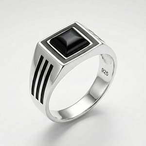 925 Italian Silver Men's Modern Square Ring with Black Onyx and Triple Groove Side Design