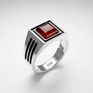 925 Italian Silver Men's Modern Square Ring with Red Agate and Grooved Side Design
