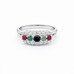 925 Sterling Silver Women's Multi-stone Ring with Central Black Zircon and Side Ruby and Emerald Accents