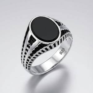 925 Italian Silver Men's Ring with Oval Black Onyx and Modern Ladder Cutout Design