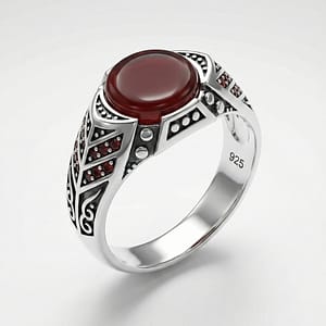 925 Italian Silver Men's Ring with Round Red Agate and Stylized Leaf Motif