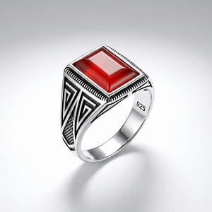 925 Italian Silver Men's Ring with Rectangular Red Agate Stone and Geometric Side Patterns