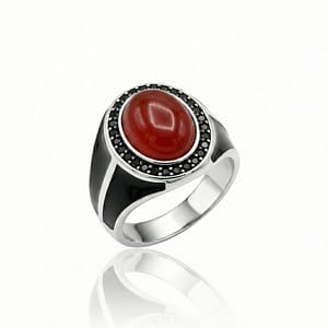 925 Italian Silver Men's Ring with Oval Red Agate Stone and Zircon Halo on Black Enamel Sides