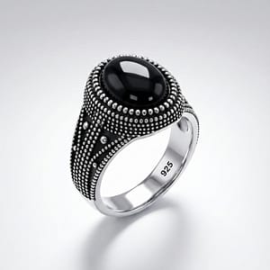 925 Italian Silver Men's Ring with Round Black Onyx and Beaded Border Design