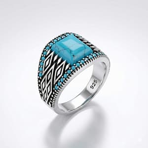 925 Italian Silver Men's Ring with Square Turquoise Firoza Stone and Geometric Side Patterns