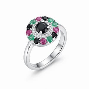 925 Sterling Silver Women's Ring with a Blackened Blue Sapphire Centerstone and Double Halo of Green Emeralds and Pink Rubies