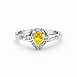 925 Sterling Silver Women's Ring featuring a Pear Cut Yellow Citrine Centerstone with Zircon Halo and Accents