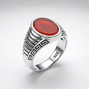 925 Italian Silver Men's Ring with Oval Red Agate Stone and Greek Key Side Design